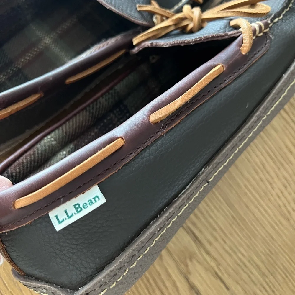 L.L. Bean Men's Brown Leather Loafers Handsewn Slippers, Flannel-Lined brand new